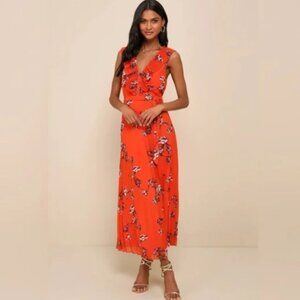 Lulu's NWT Loved By You Red Orange Floral Print Pleated Chiffon Maxi Dress